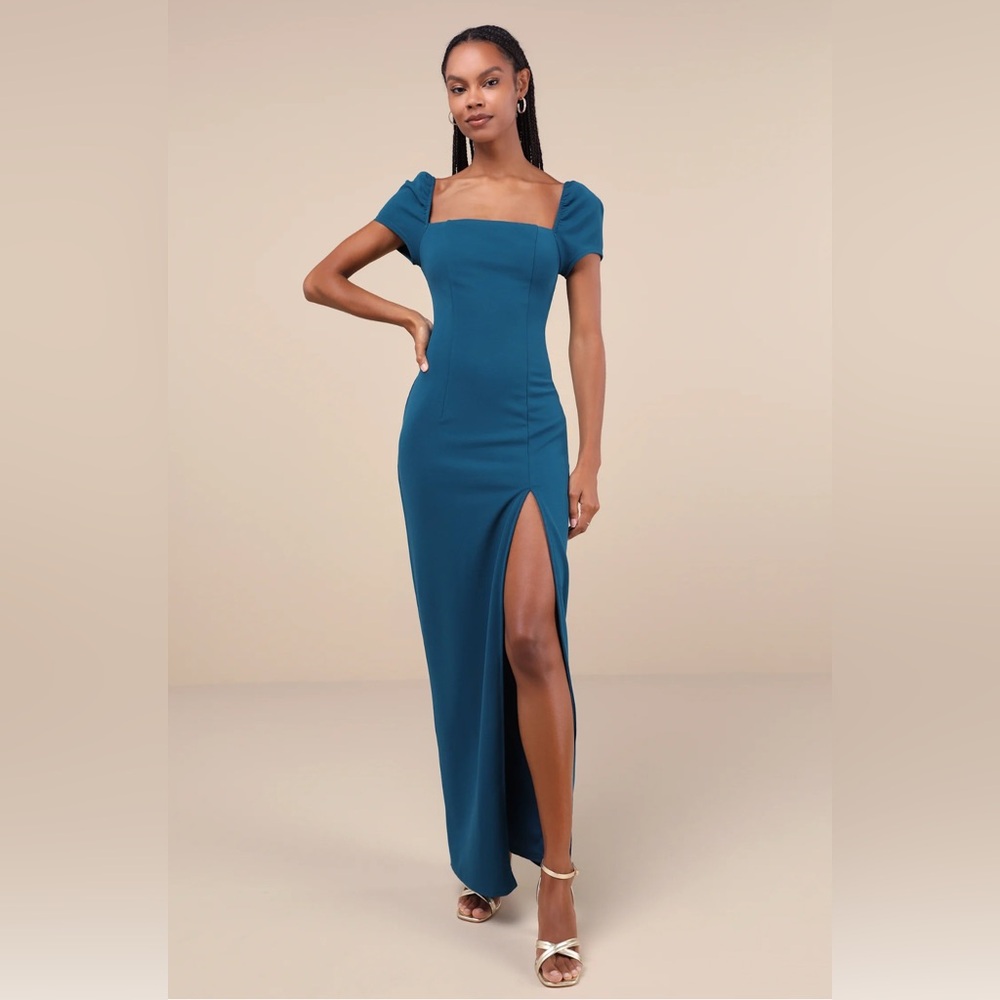 Lulu’s Magnificent Impression Teal Square Neck Short Sleeve Maxi Dress